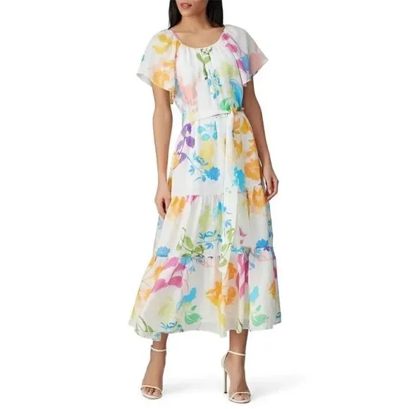 Tanya Taylor Ella Floral Rainbow Dress Silk Midi Flutter Sleeve Size 4 - Picture 3 of 9